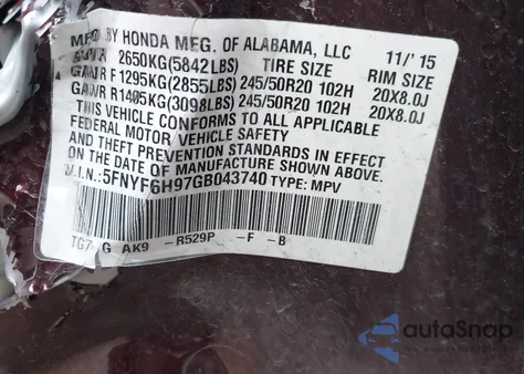 2016 Honda Pilot Touring from USA, damaged, VIN 5FNYF6H97GB043740